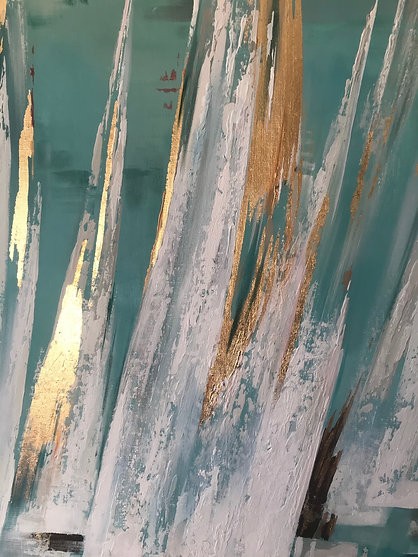 Современная абстрактная картина с золотом - корабли в бирюзовой бухте