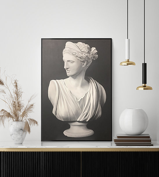 Афродита - портрет в стиле барельеф, монохромная черно-белая картина на холсте