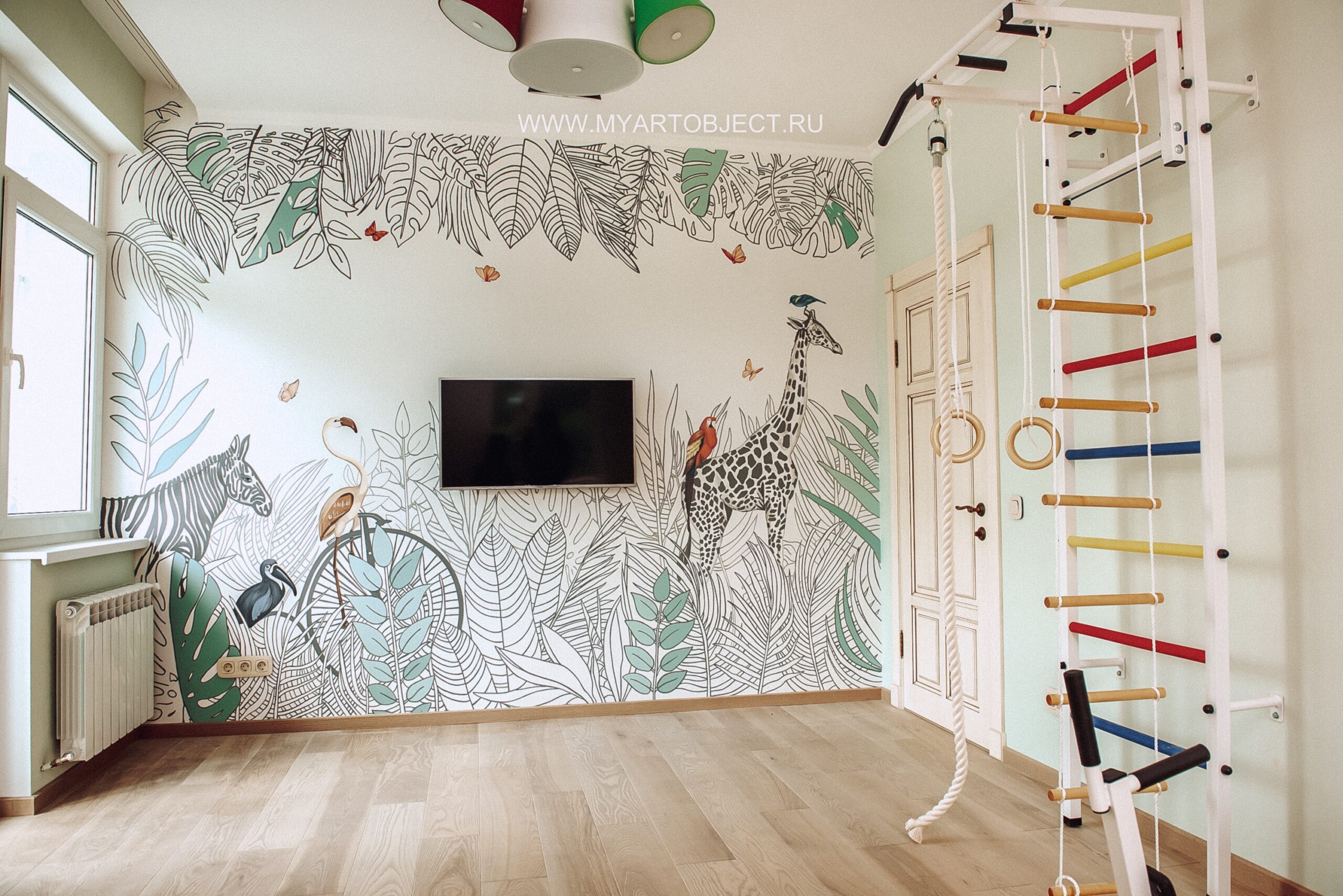 роспись стены детской комнаты звери в джунглях